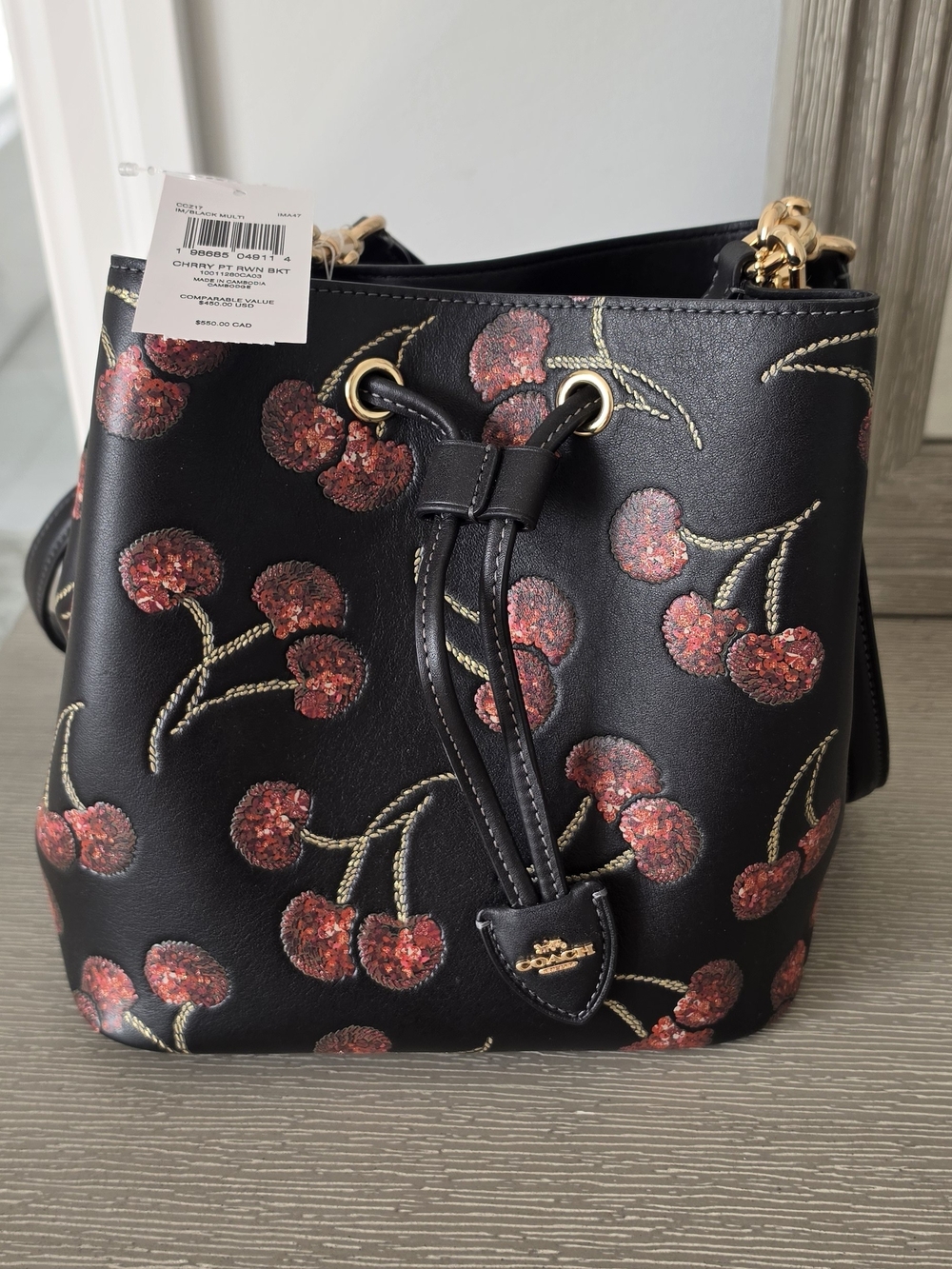 Coach Black Cherry Sequin Drawstring Bucket Bag